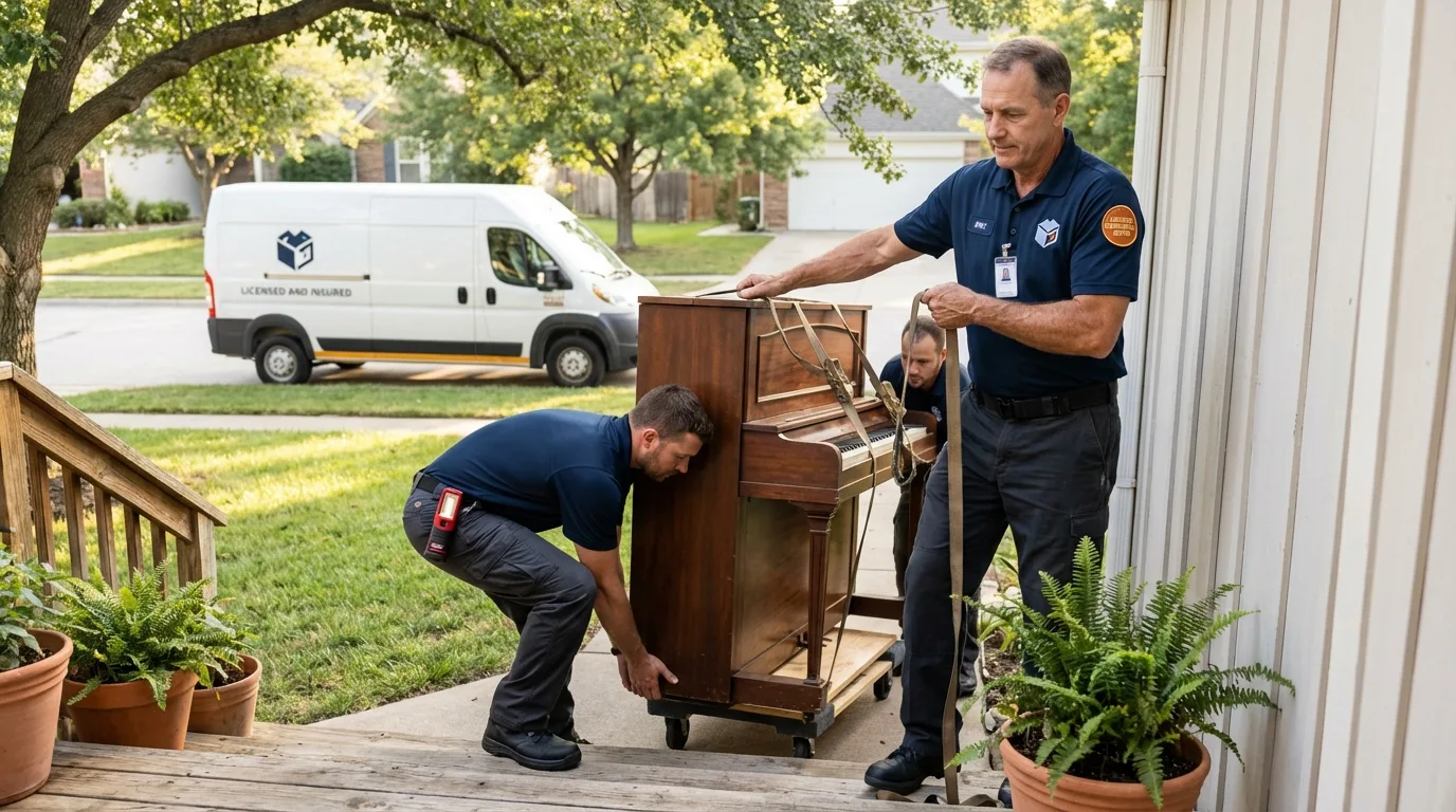 Licensed piano movers securing grand piano in Sunnyvale, CA