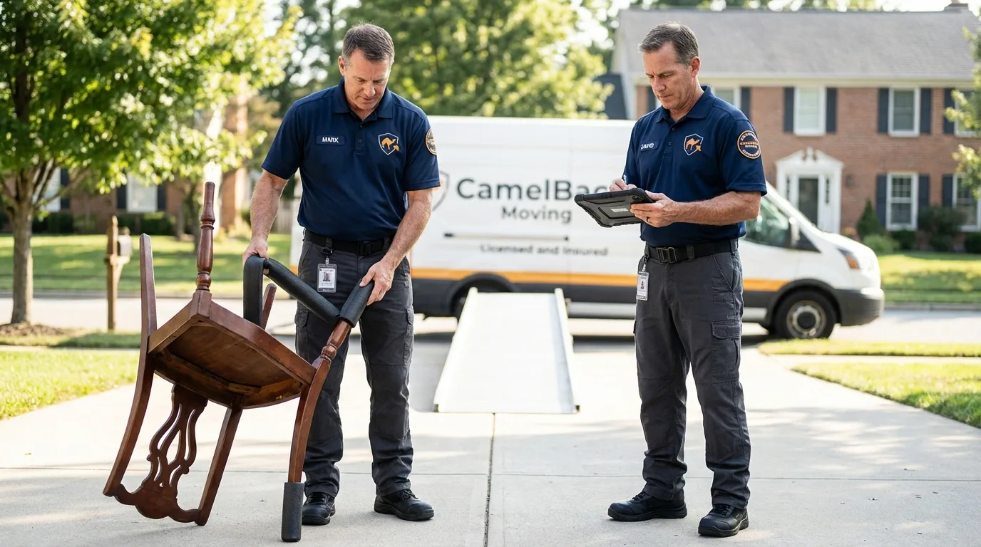 Movers inspecting furniture for damage prevention before loading in Sunnyvale, CA