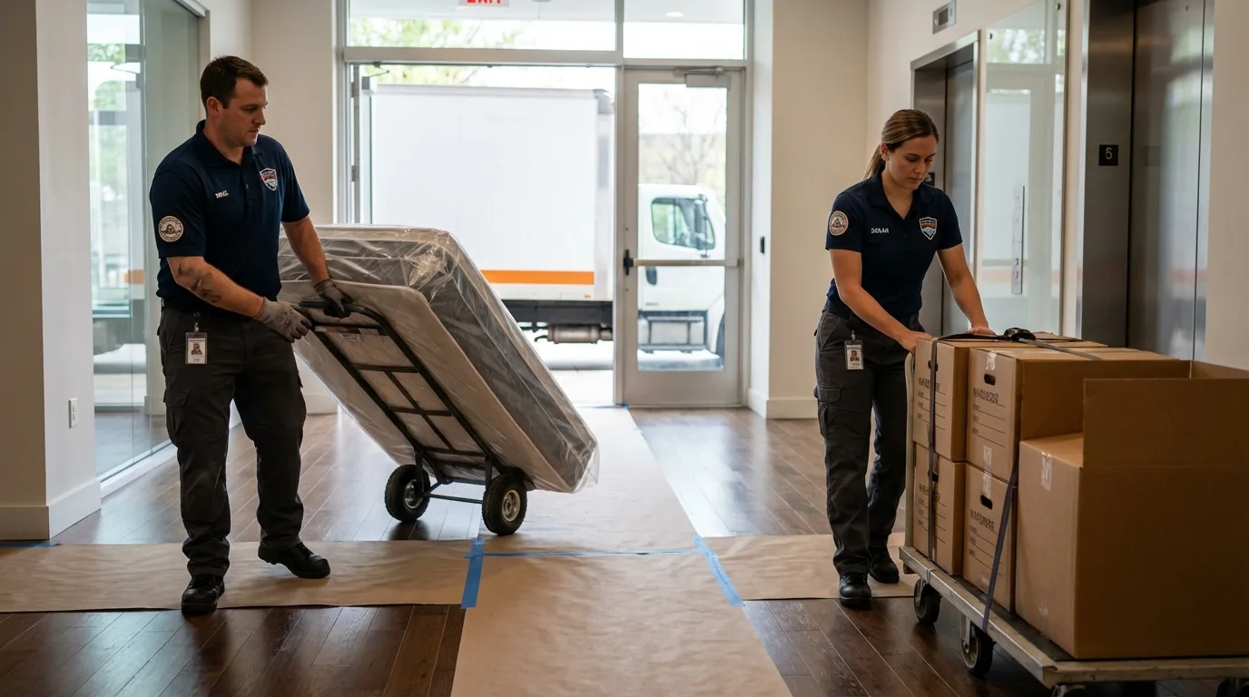 Professional apartment movers loading elevator in Sunnyvale, CA
